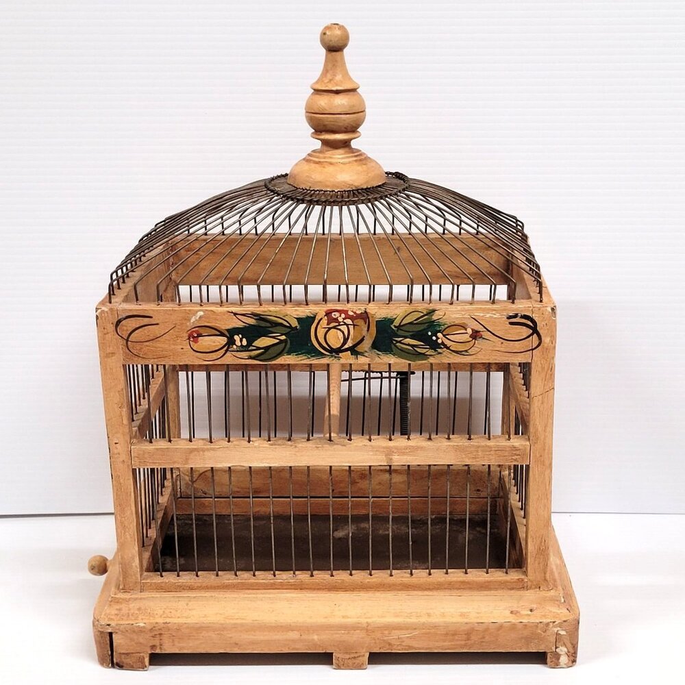 Wood Bird Cage Folk Victorian Tole Painted Flowers Wood Metal Tray Bottom